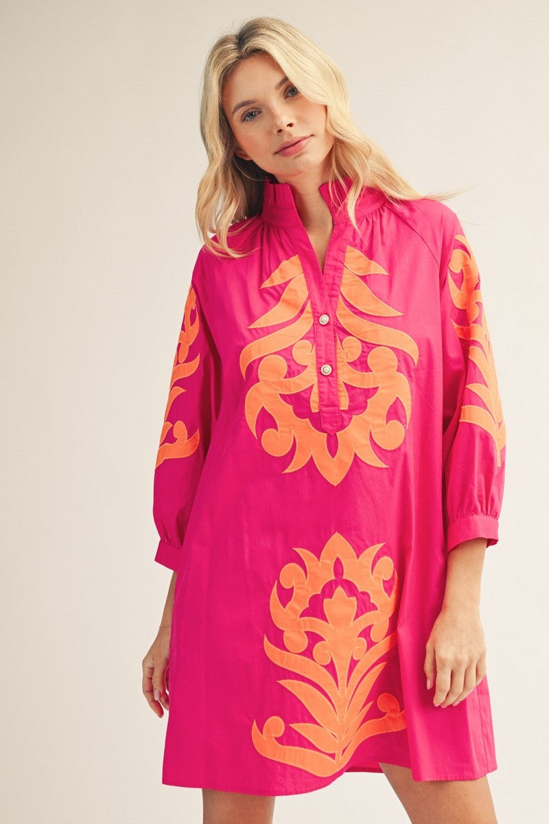 Baroque Applique Shift Dress Fuchsia and Orange