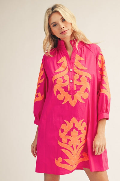 Baroque Applique Shift Dress Fuchsia and Orange