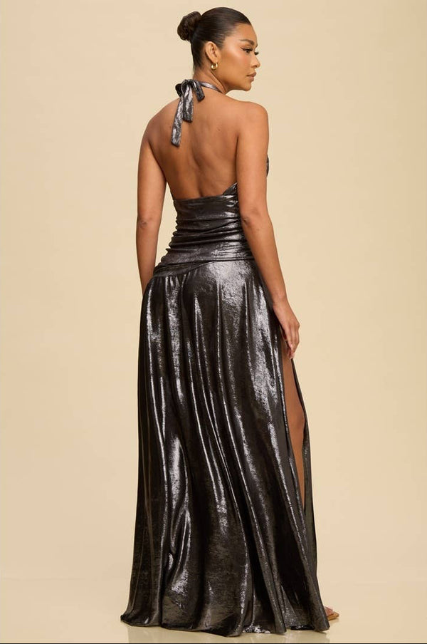 Gunmetal Metallic Jersey Halter Maxi Dress