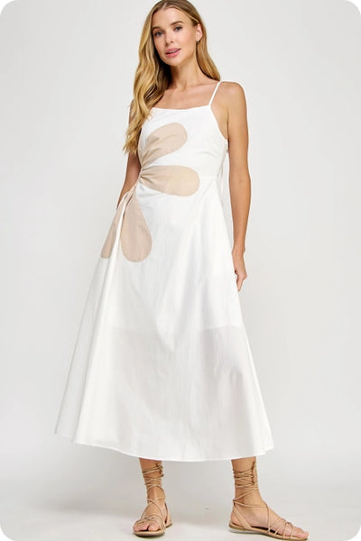 Thin Strap Two Tone Side Flower Cutout Midi Dress