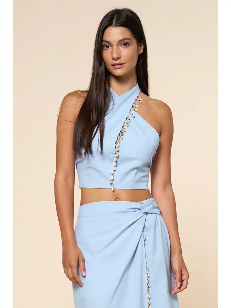 Lt Blue Crisscross Halter Crop Top w/ Shell & Bead Trim