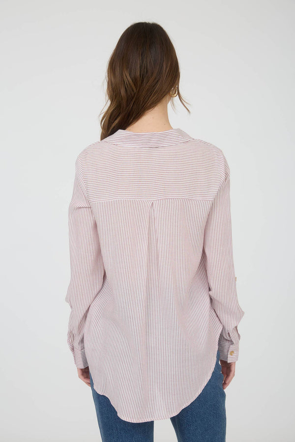 Burgundy Striped Collared Button Down with Pockets