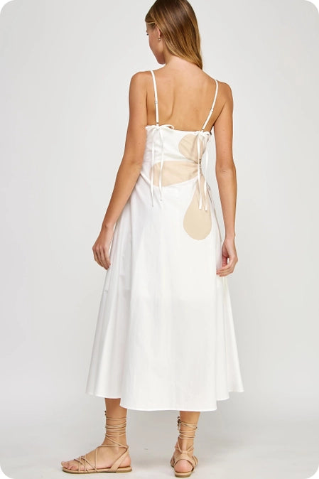 Thin Strap Two Tone Side Flower Cutout Midi Dress