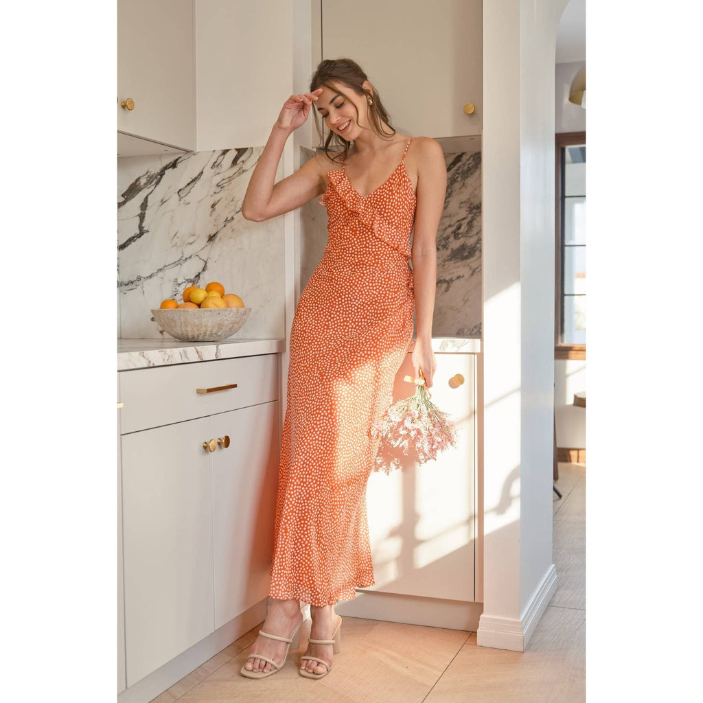 orange summer maxi dresses Chiffon Ruffled Polka Dot Slip Maxi Dress Orange L / Orange