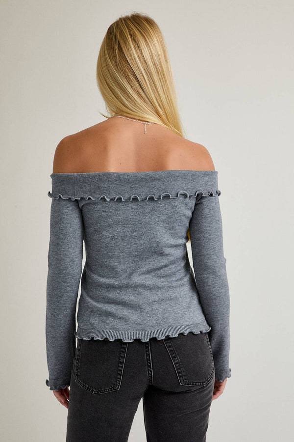 Lettuce Hem Knit Sweater Top Grey