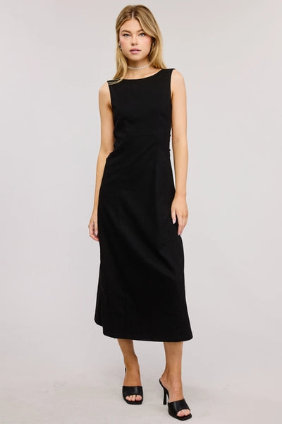 Midi Dress with Side O Ring Metal Accent Cut Out Black