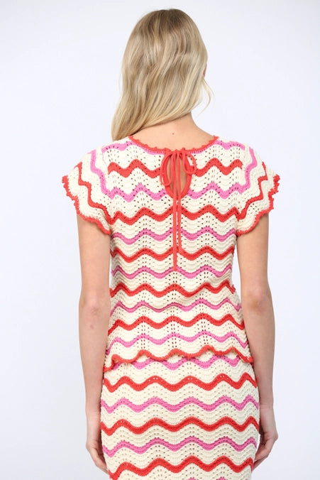Wavy Chevron Pattern Open Knit Sweater Top