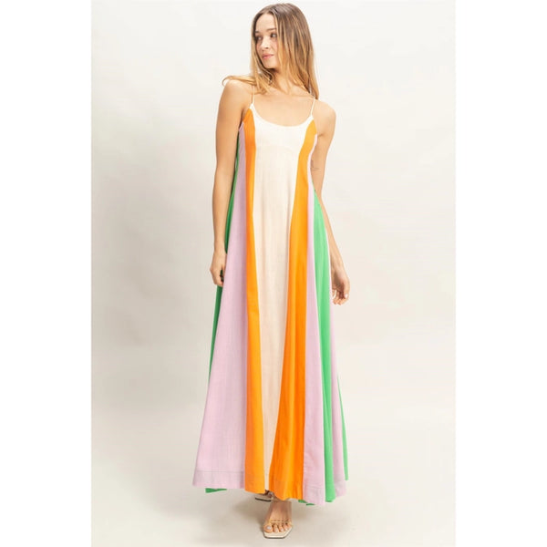 Strappy Orange Pink Green Cream Colorblock Maxi Dress