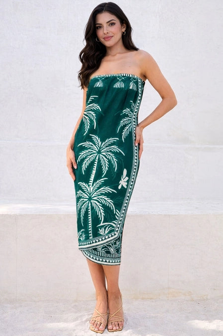 Strapless Chiffon Scarf Panel Teal & Cream Midi Dress