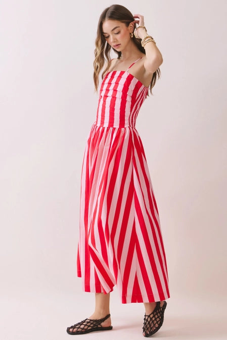 Red & Blush Striped Midi Dress
