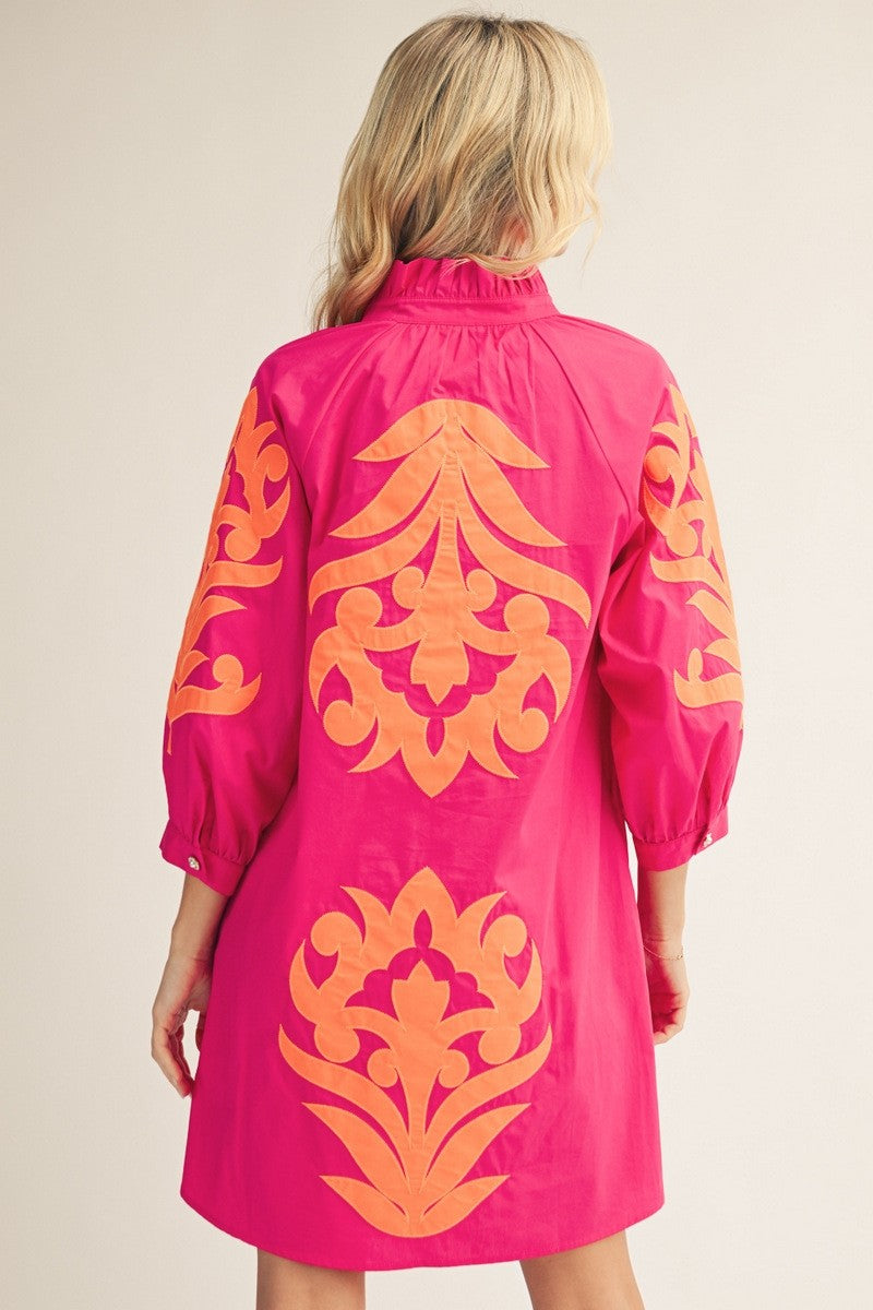 Baroque Applique Shift Dress Fuchsia and Orange