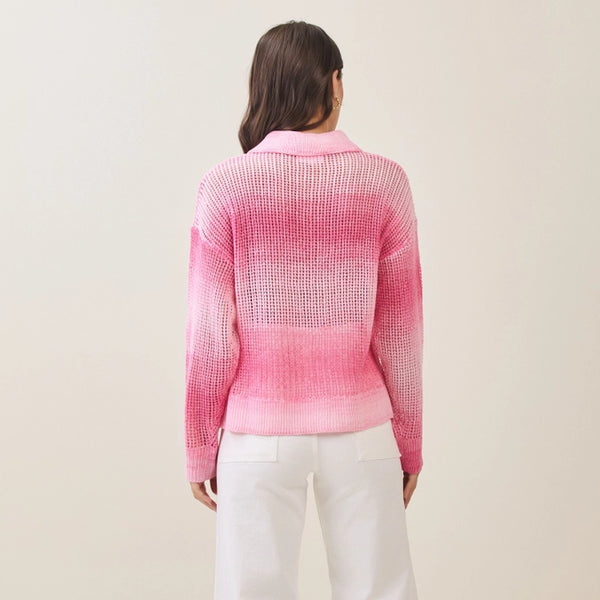 Pink Ombre Open Collar Knit Top Long Sleeve