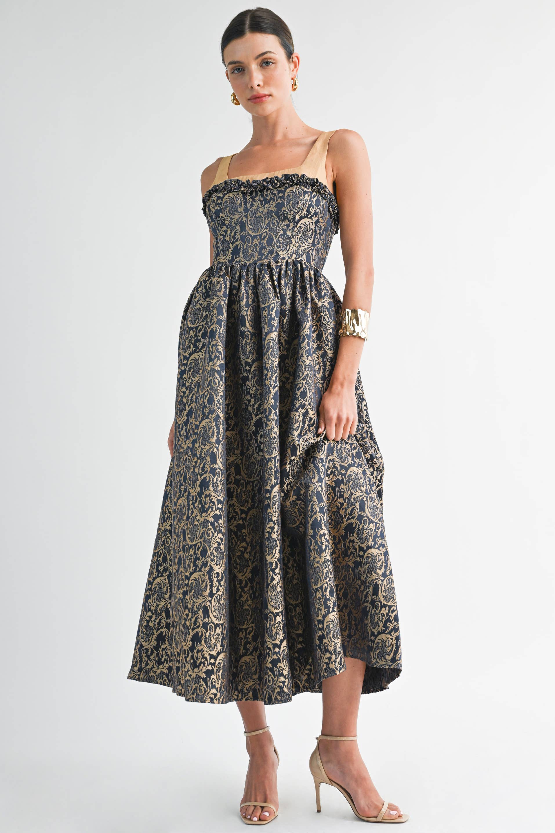 Elegant Damask Gold & Navy Midi Dress, perfect for women's boutique clothing and summer collection boutique.