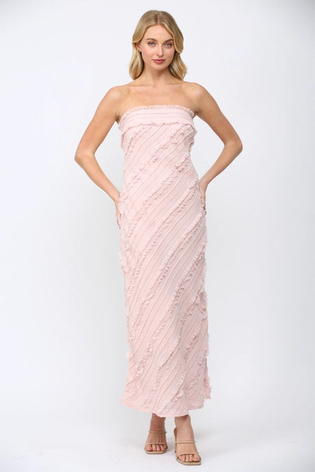 Dusty Pink Textured Diagonal Ruffle Detail Strapless Maxi Dress