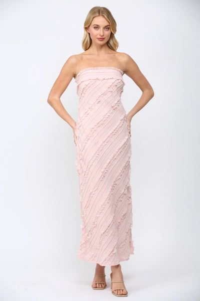 Dusty Pink Textured Diagonal Ruffle Detail Strapless Maxi Dress