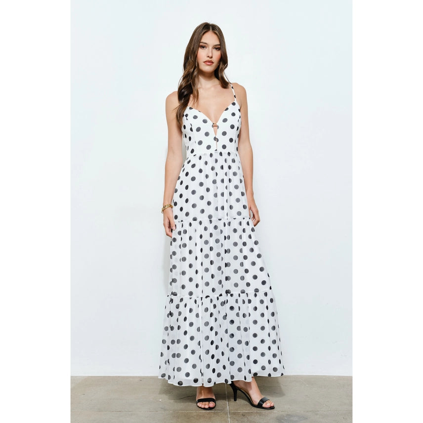 Gold Metal Accent Polka Dot Tiered Maxi Dress