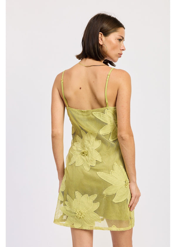 Lime  Green Floral Applique Mini Dress