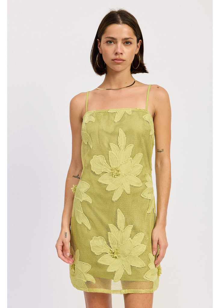 Lime  Green Floral Applique Mini Dress