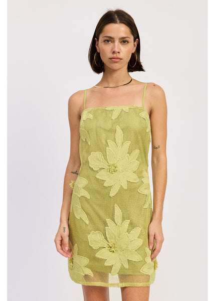 Lime  Green Floral Applique Mini Dress