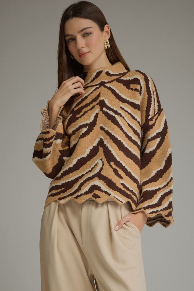 Tiger Print Mock Neck Sweater w/Scallop Hem