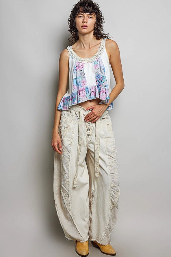 Ivory Floral Lace Barrel Leg Pants