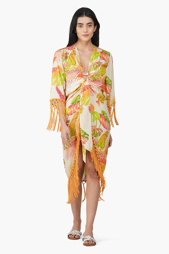 Dua Tropics Gold Lurex Print Fringe Cover Up