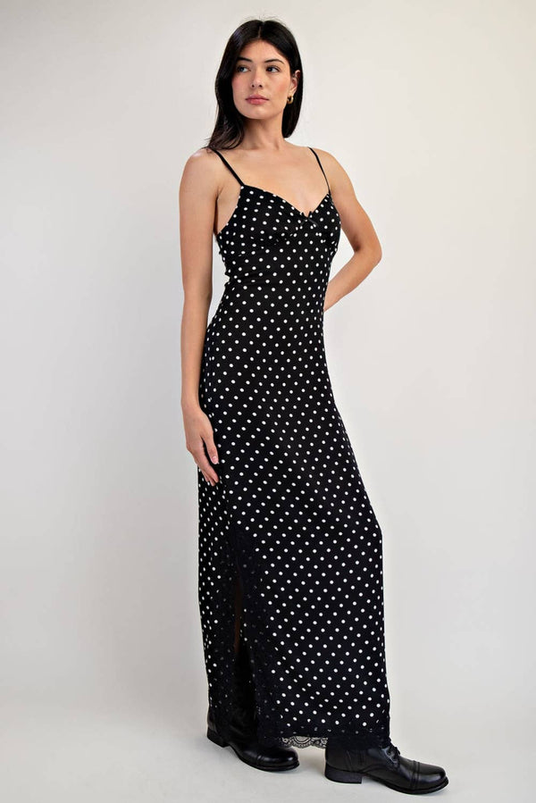 Elegant polka dot printed midi dress with lace trim, perfect for women's boutique clothing and summer collection.