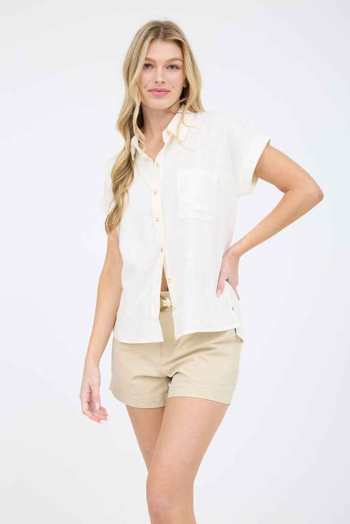 Off White Collared Button Down Short Roll Sleeve Shirt