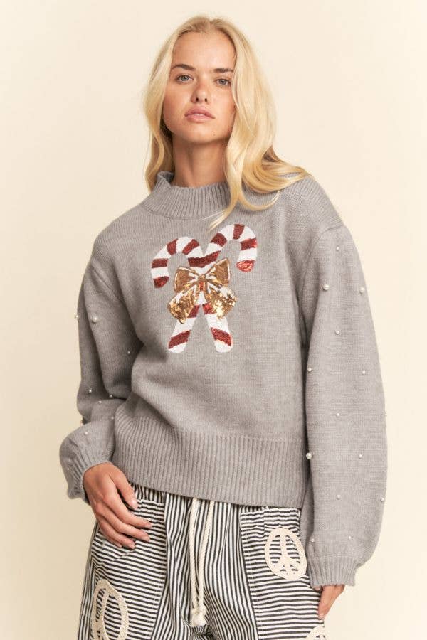 Sequin Xmas Candy Cane w/Pearl Sleeves