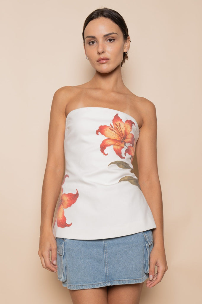 Ivory Lilly Print Strapless Top