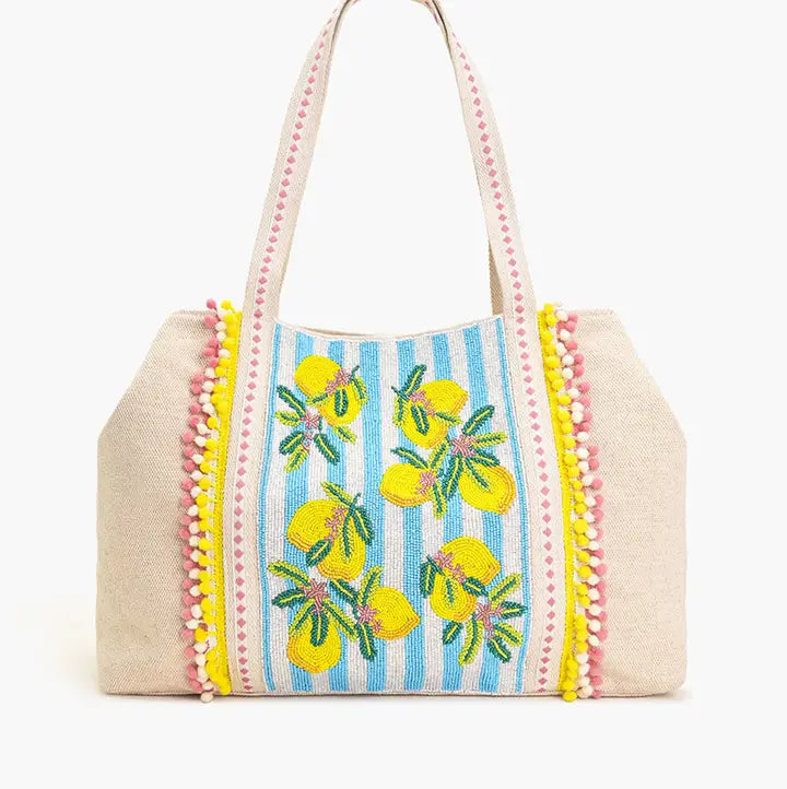 Lemon Beach Beaded Pom pom Tote