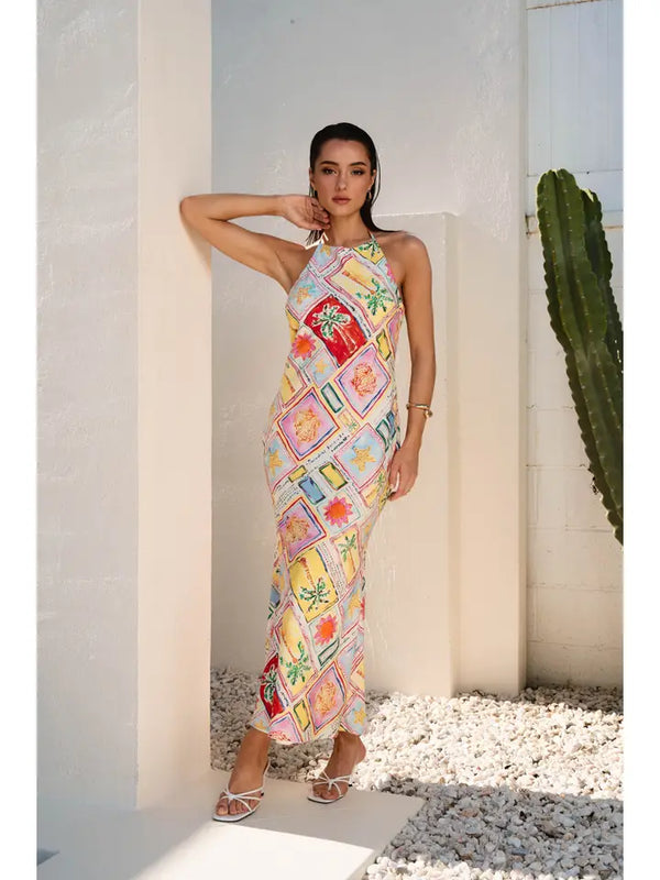 Tropical Print Multi Color Halter Maxi Dress