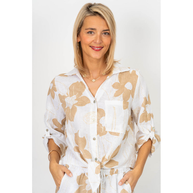 Gold Lurex Flower Print Button Tie Front - One Size