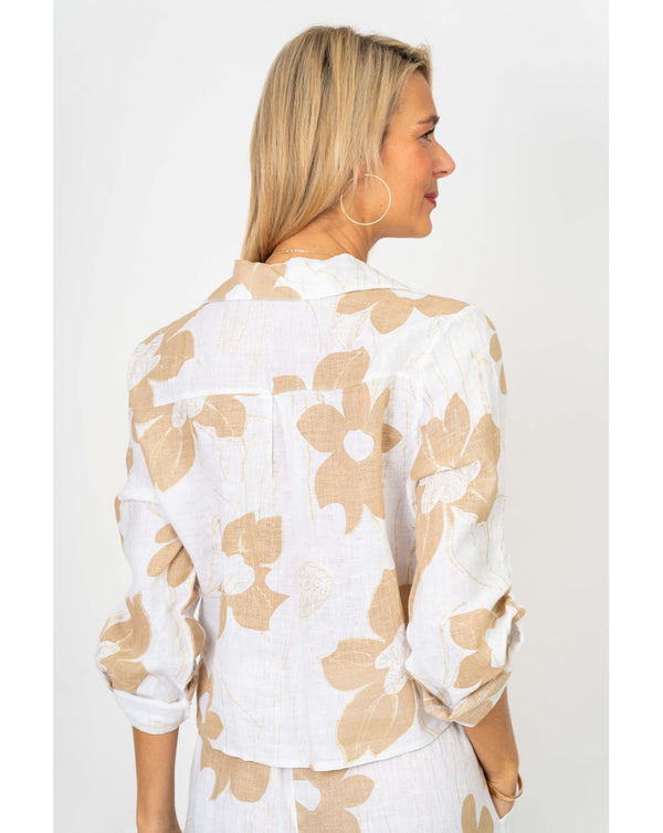 Gold Lurex Flower Print Button Tie Front - One Size