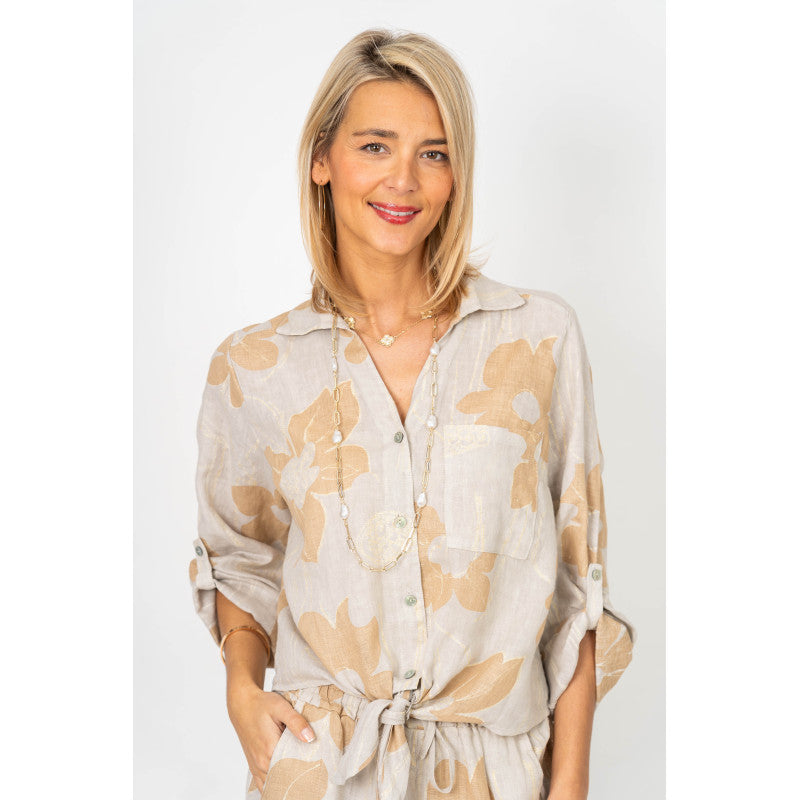 Gold Lurex Flower Print Button Tie Front - One Size