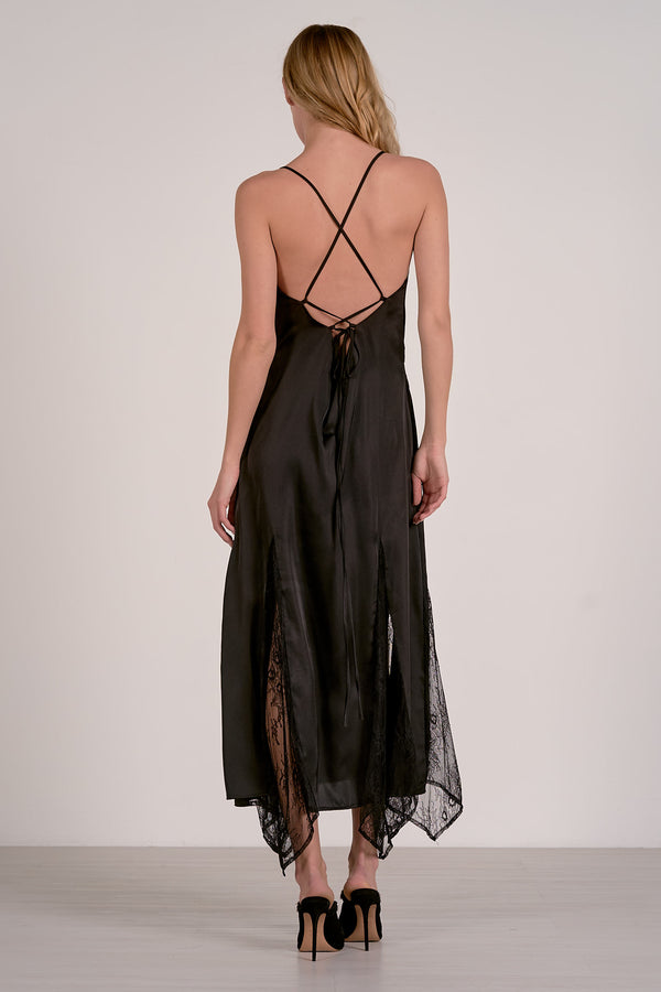 Black Slip Thin Straps w/Lace Insert Maxi Dress