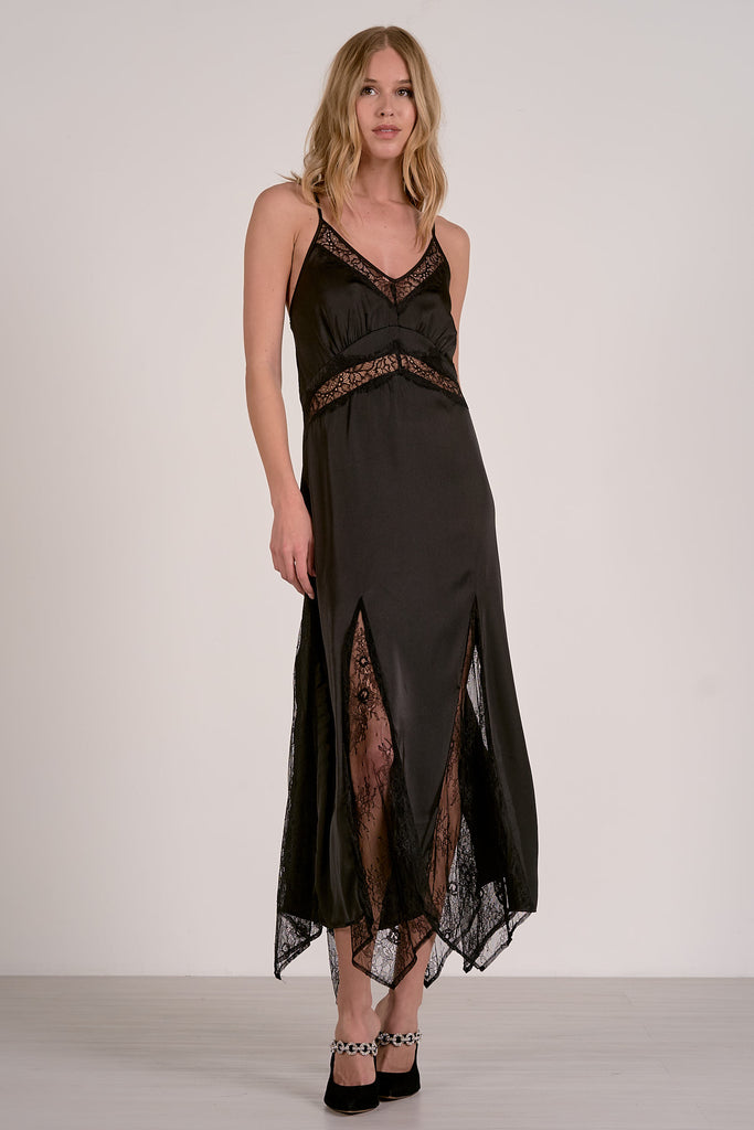 Black Slip Thin Straps w/Lace Insert Maxi Dress