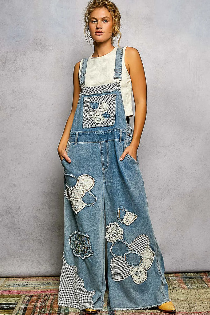 Boho Patchwork Wide Leg Denim Overalls