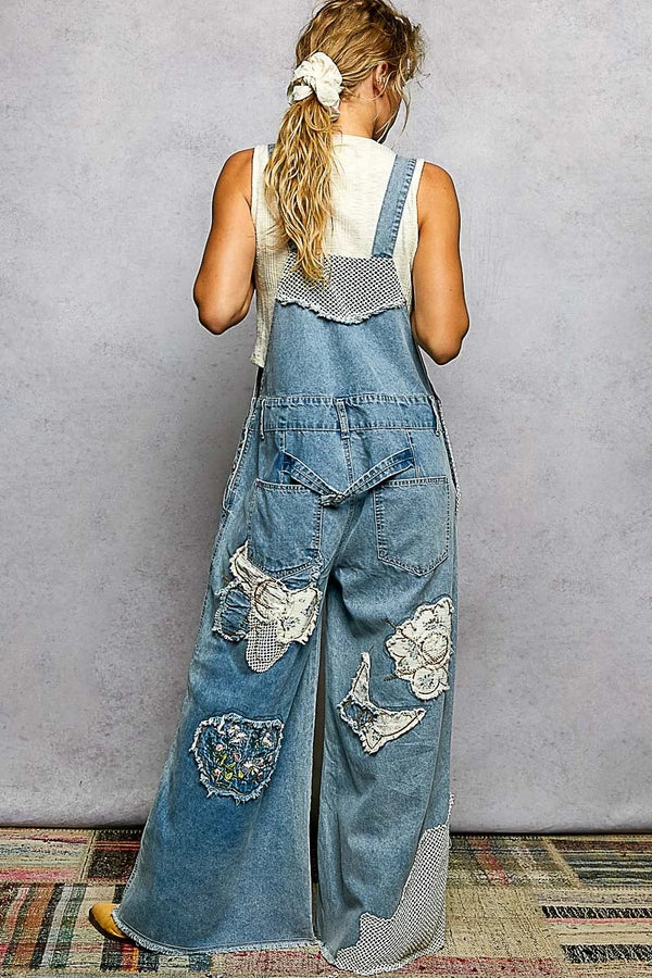 Boho Patchwork Wide Leg Denim Overalls
