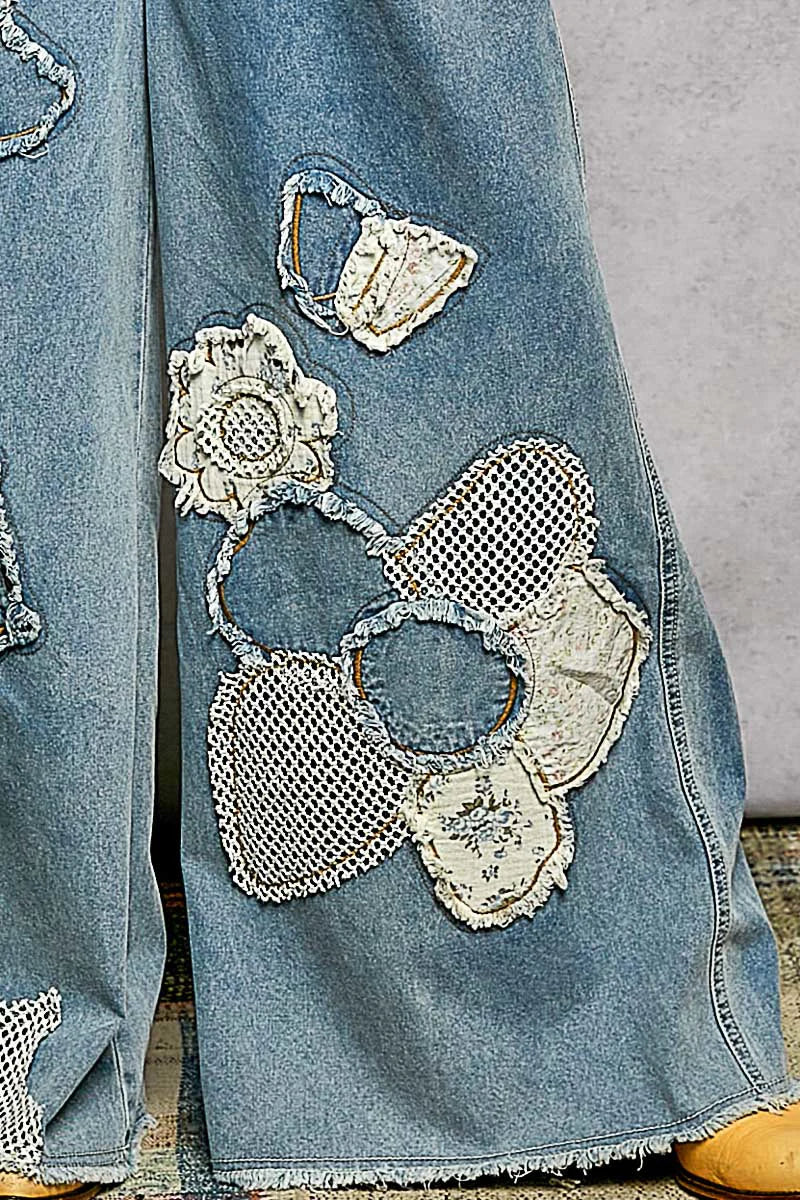 Boho Patchwork Wide Leg Denim Overalls