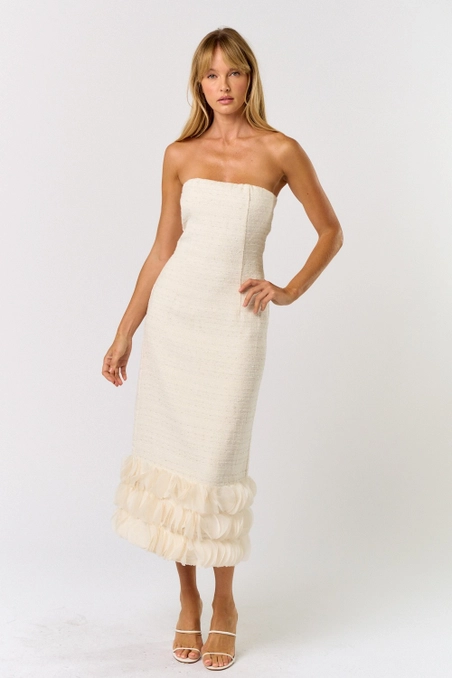 Off White Tweed Strapless Dress with Embellished Hem