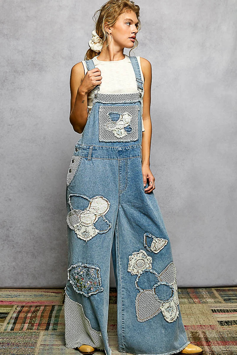 Boho Patchwork Wide Leg Denim Overalls