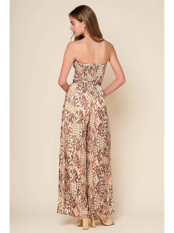Tan Print Jumpsuit Strapless, Smocked Bodice, Self Sash and Wide Leg