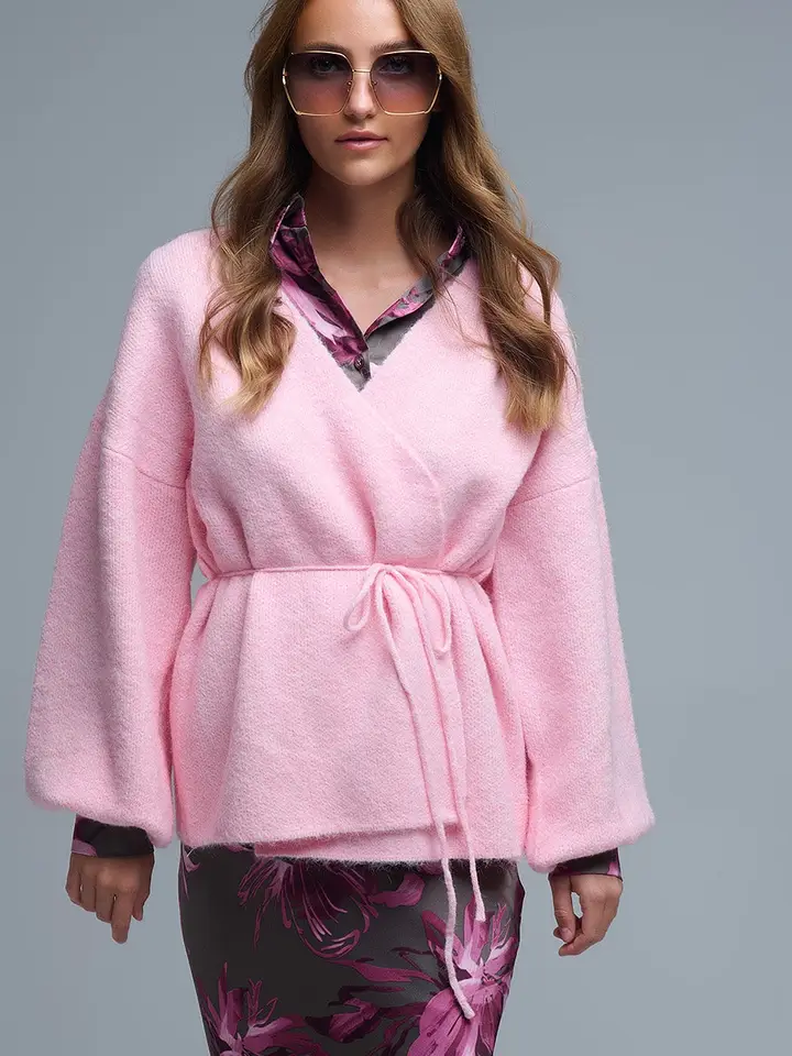 Pink Knit Open Cardigan w/ Waist Tie - One Size