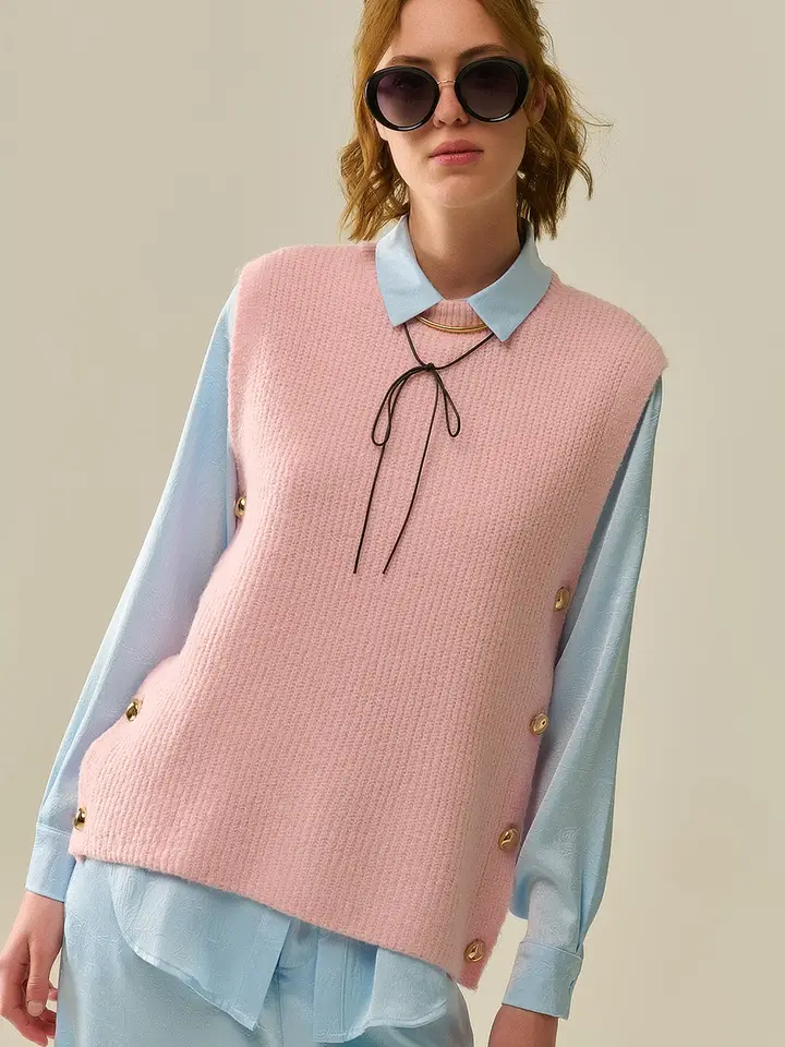 Pink Sleeveless Sweater Vest with Gold Buttons - One Size