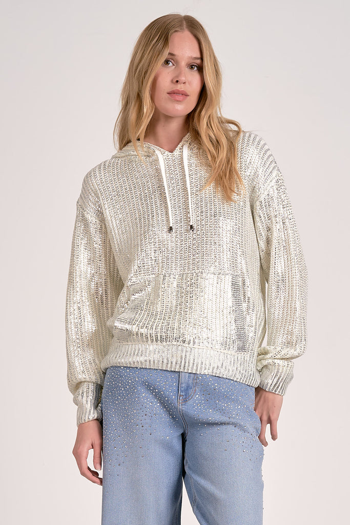 Silver Metallic Off White Hoody w/String