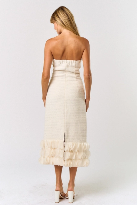 Off White Tweed Strapless Dress with Embellished Hem
