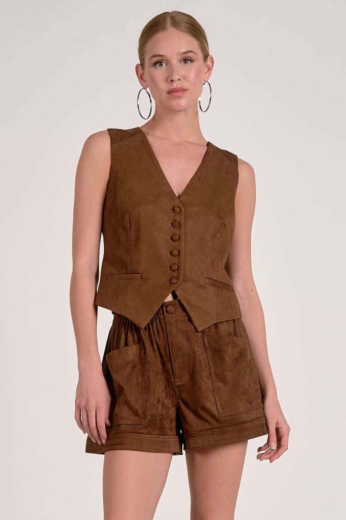 Sleeveless Button Down Chocolate Suede Vest