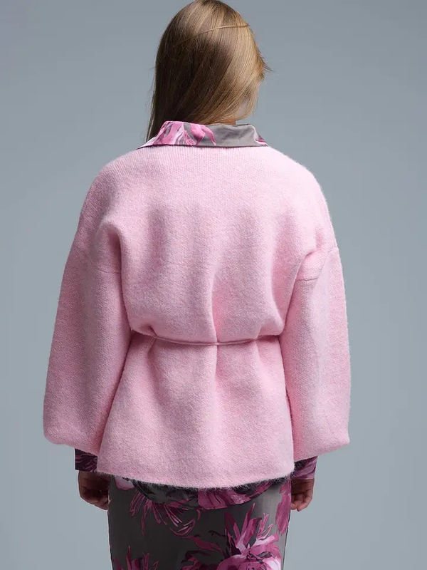 Pink Knit Open Cardigan w/ Waist Tie - One Size