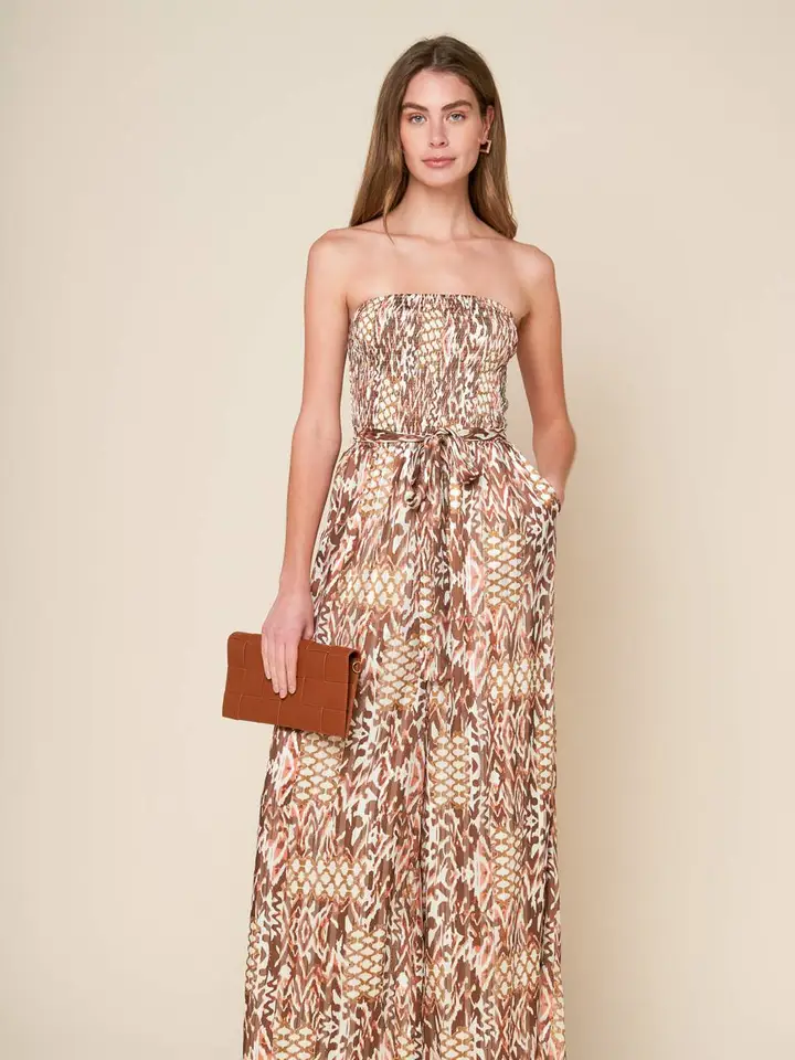 Tan Print Jumpsuit Strapless, Smocked Bodice, Self Sash and Wide Leg